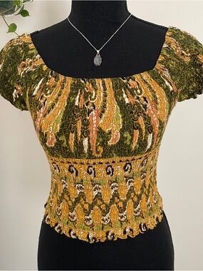 Smocked Olive & Mustard Short Sleeve Crop Top